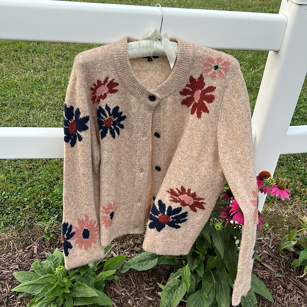 Tan cardigan sweater with flowers